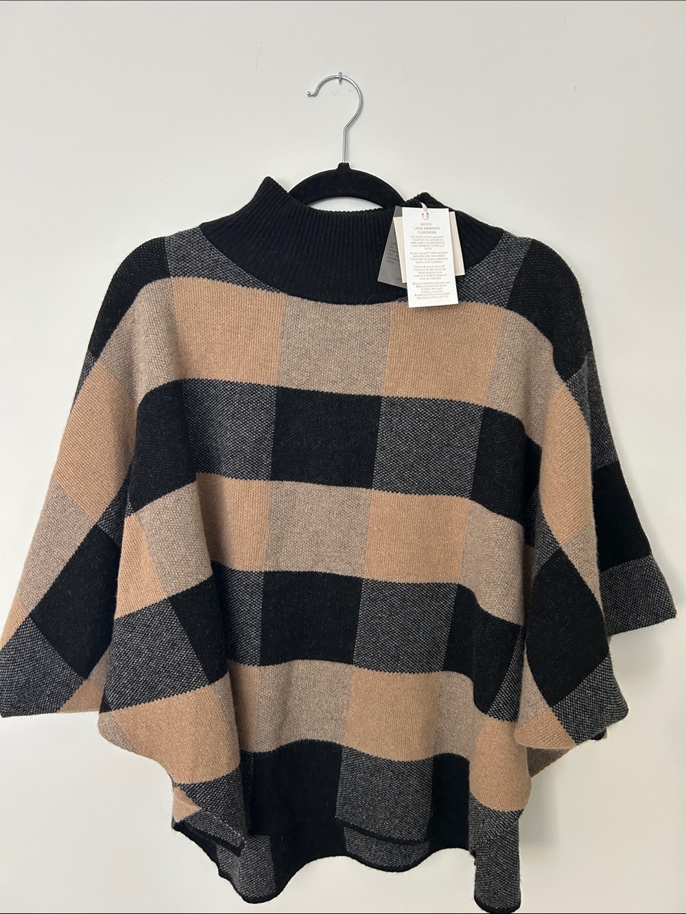 Mock Neck Buffalo Check Poncho Sweater in Black and Camel